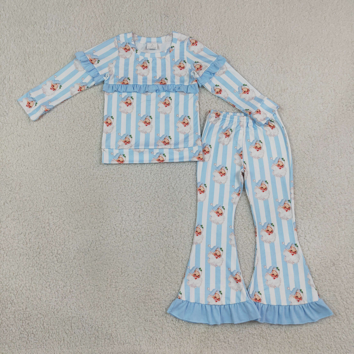 GLP3451 Santa Blue Stripes Top Bell Pants Girls Christmas Clothes Set