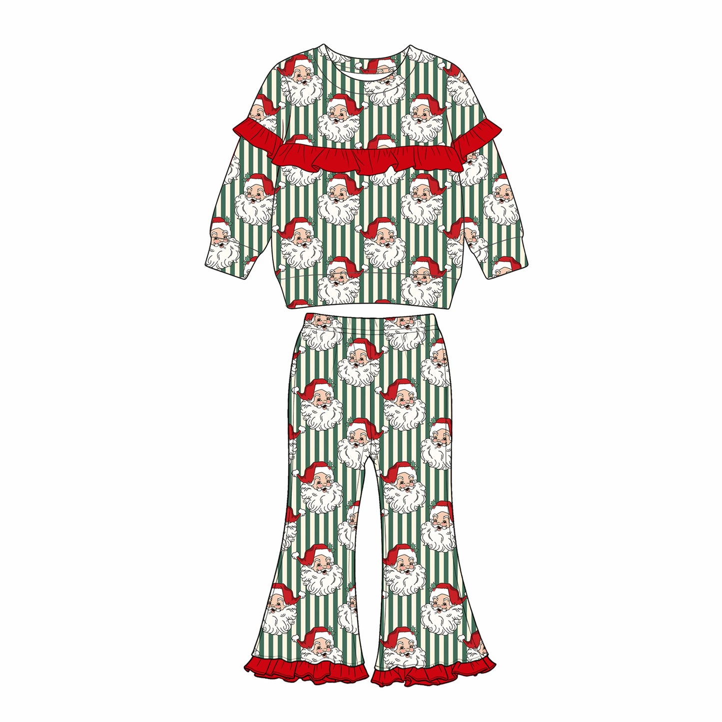 6.29 Preorder GLP3452 Santa Green Stripes Top Bell Pants Girls Christmas Clothes Set