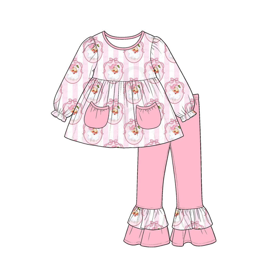 6.30 Preorder GLP3456 Santa Pink Stripes Tunic Top Ruffle Pants Girls Christmas Clothes Set