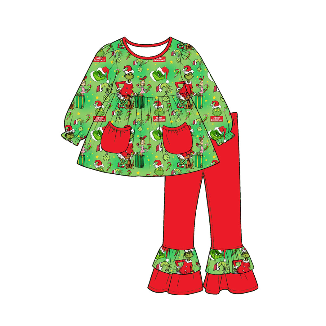 6.30 Preorder GLP3459 Green Frog Pockets Tunic Top Ruffle Pants Girls Christmas Clothes Set