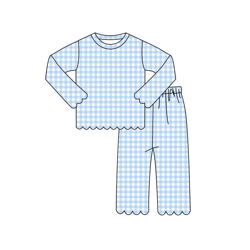 7.2 Preorder Girls Blue Gingham Scallop Trim Long Sleeve Pajama 2 Piece Set