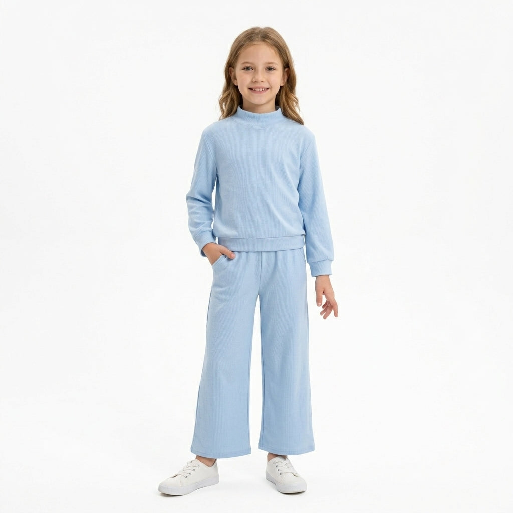 GLP3472 Blue Color Long Sleeve Mock Neck Top Pocket Pants Girls Cotton Clothes Set