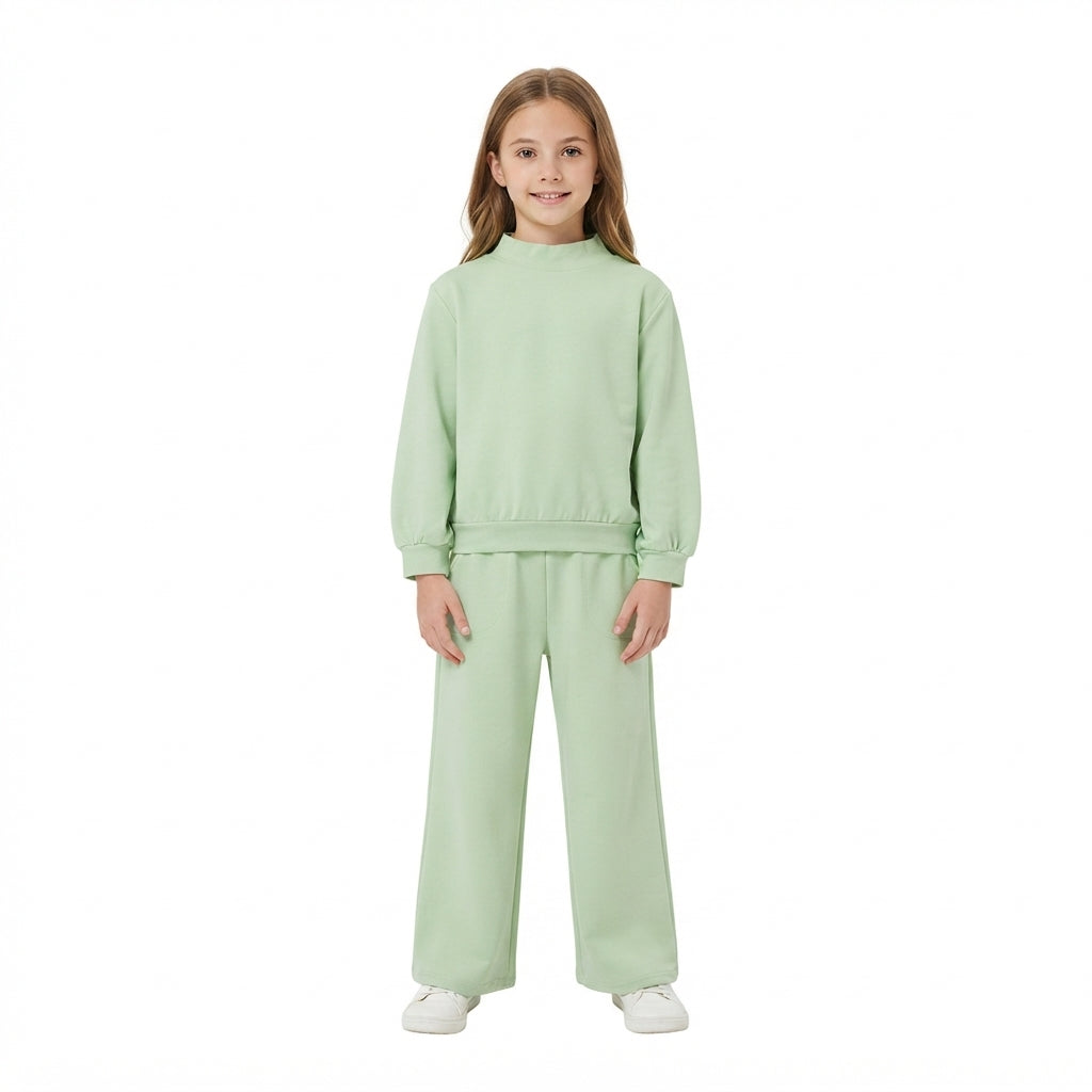 GLP3474 Green Color Long Sleeve Mock Neck Top Pocket Pants Girls Cotton Clothes Set