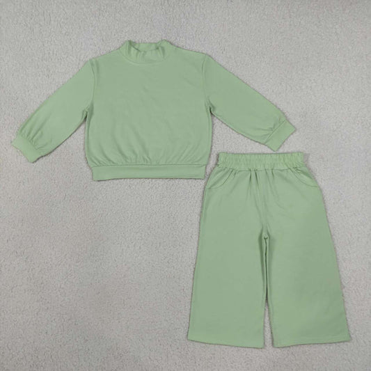 GLP3474 Green Color Long Sleeve Mock Neck Top Pocket Pants Girls Cotton Clothes Set