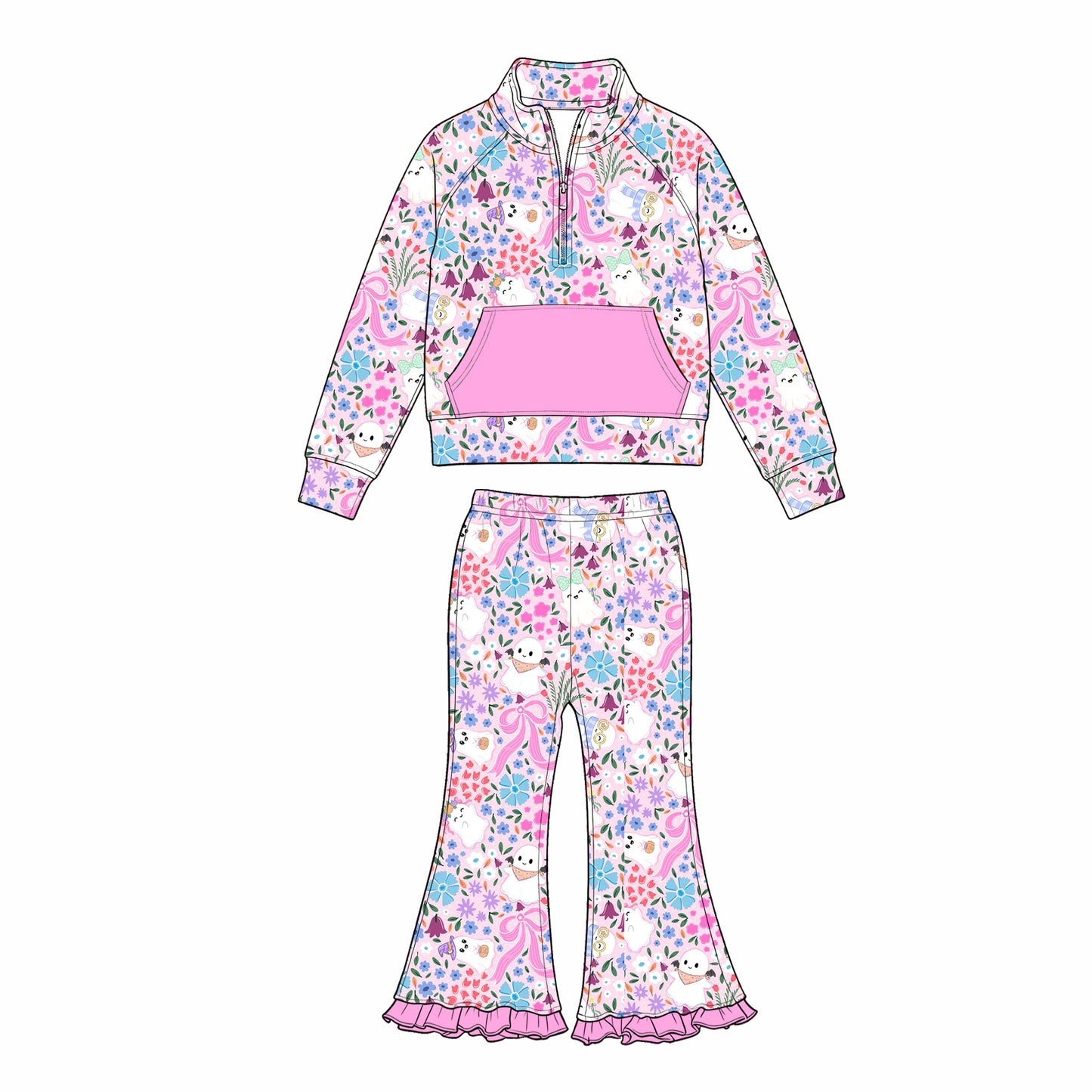 7.11 Preorder Kids Girls Bat Bow Pullover Top with Bell Bottom Pants Outfit