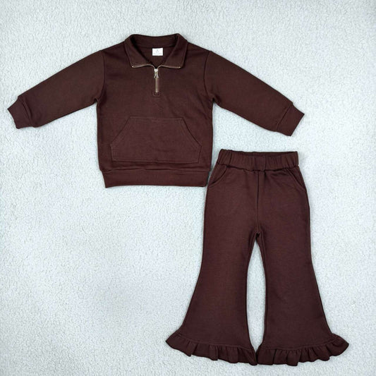 GLP3491 Dark Brown Cotton Pullover Sweatshirt Top Bell Pants Girls Fall Clothes Set