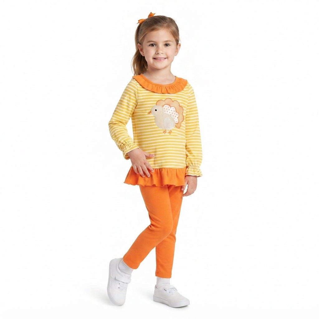GLP3493 Turkey Embroidery Stripes Top Orange Legging Pants Girls Thanksgiving Clothes Set