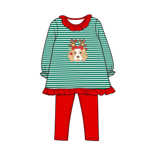 7.15 GLP3494 Preorder Dog Green Stripes Top Red Legging Pants Girls Christmas Clothes Set