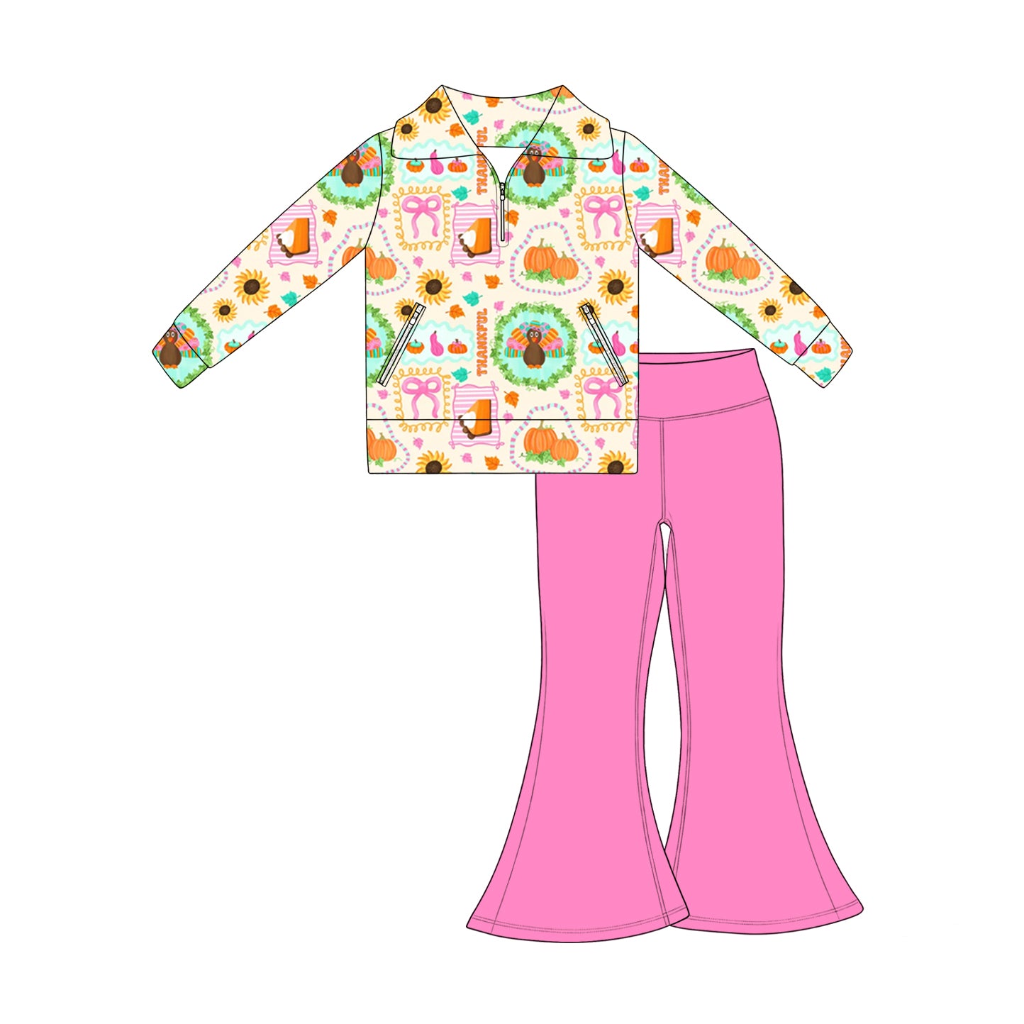 7.17 Preorder Kids Girls Thanksgiving Turkey Pullover Top with Pink Bell Bottom Pants Outfit
