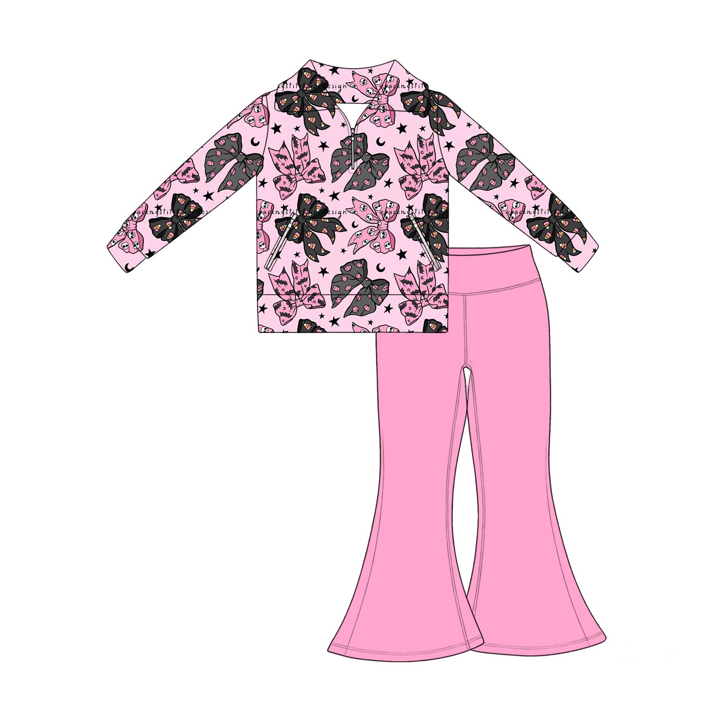 7.17 Preorder Kids Halloween Bow Pullover Top with Pink Bell Bottom Pants Outfit