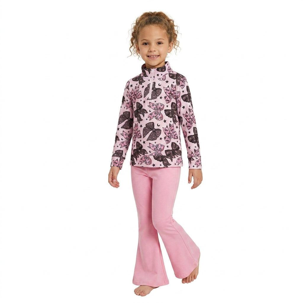GLP3507 Bows Stars Zipper Pullover Top Pink Bell Pants Girls Halloween Clothes Set