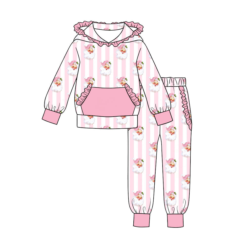 7.18 Preorder Girls Christmas Santa Long Sleeve Ruffle Hooded Sweatshirt Pants Outfit
