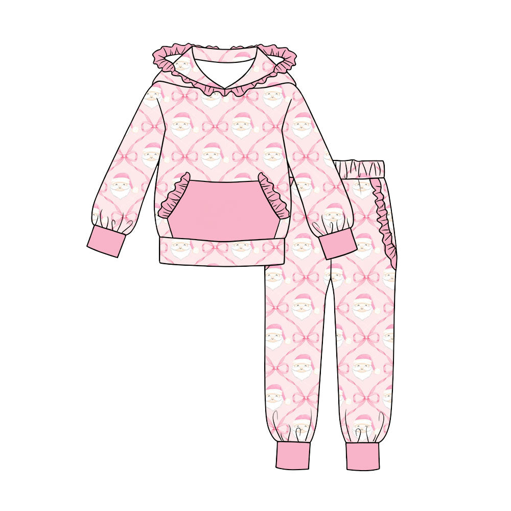 7.18 Preorder Girls Christmas Santa Bow Long Sleeve Ruffle Hooded Pants Outfit