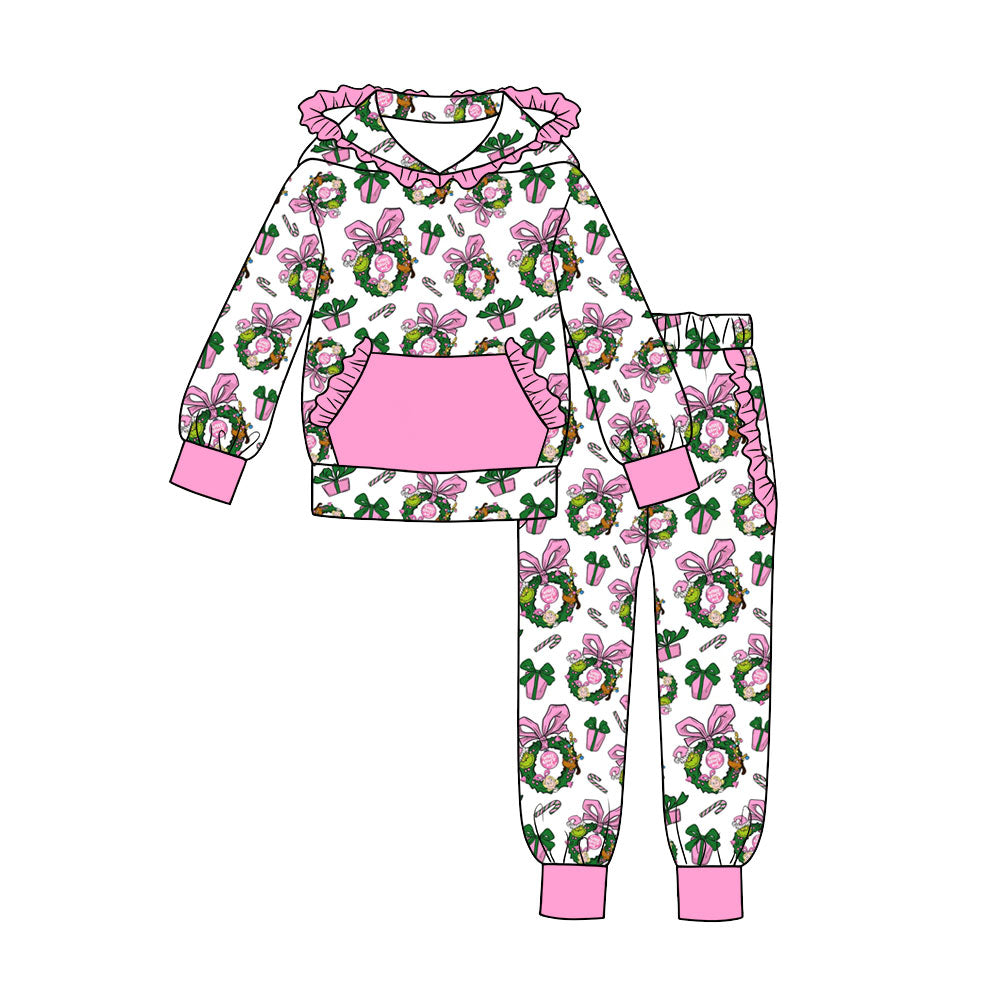7.18 Preorder Girls Christmas Gift Box Long Sleeve Ruffle Hooded Pants Outfit