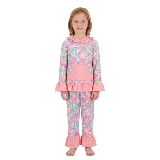 GLP3519 Seaweed Pink Hoodie Top Pants Girls Fall Ruffle Clothes Set