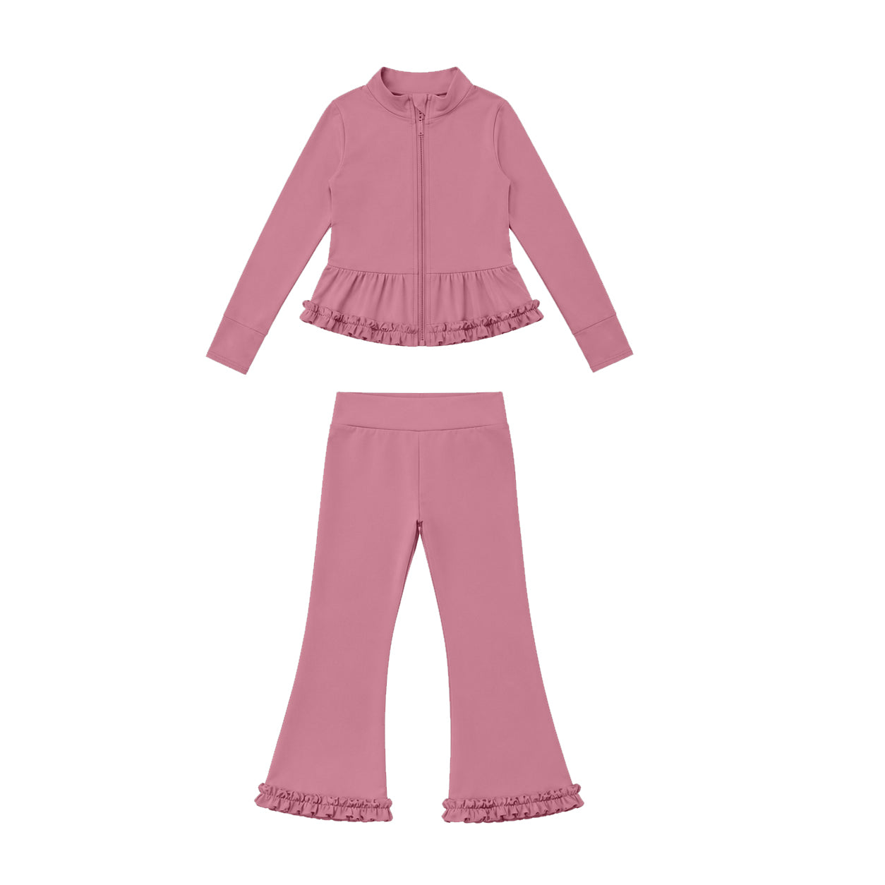 7.21 GLP3526 Preorder Pink Color Zipper Ruffle Top Bell Pants Girls Yoga Clothes Set