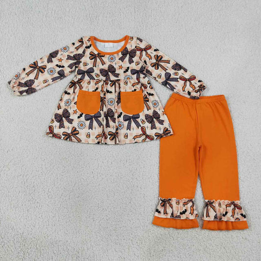 Sibling Baby Girls Halloween Candy Corn Bow Print Outfit Dress and Romper