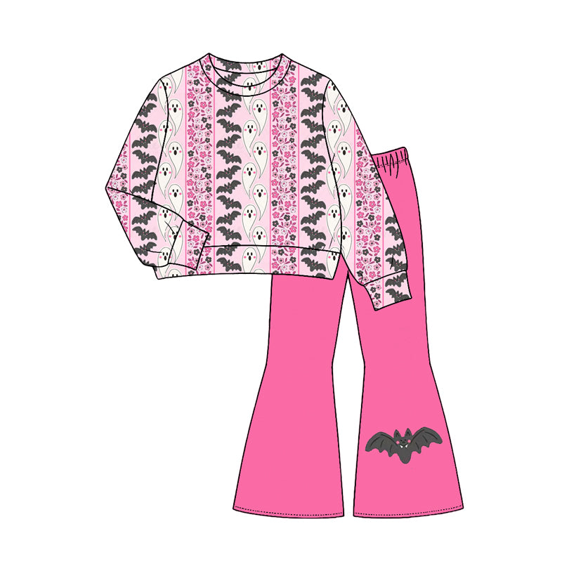 7.24 GLP3537 Preorder Ghost Bat Flowers Top Pink Bell Pants Girls Halloween Clothes Set