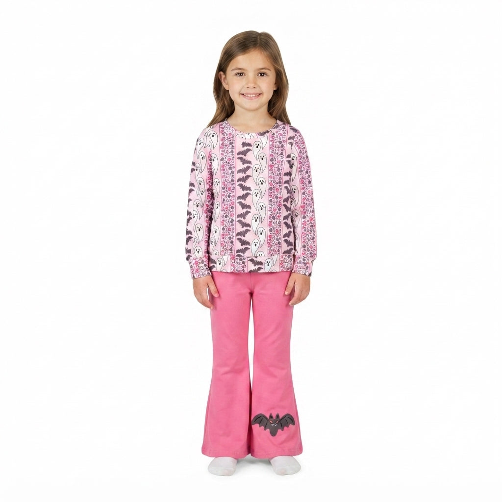 GLP3537 Ghost Bat Flowers Top Pink Bell Pants Girls Halloween Clothes Set