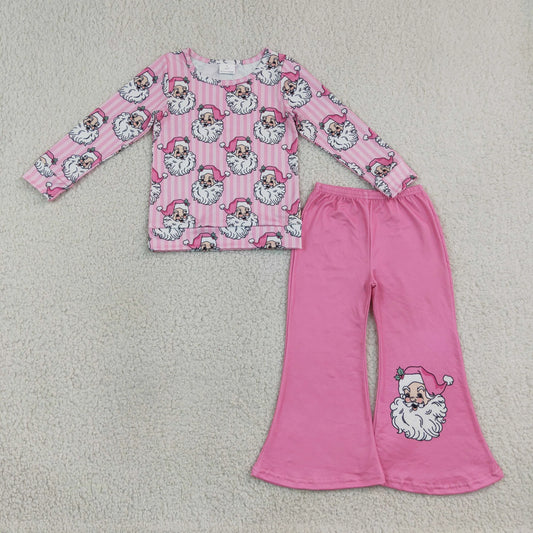 Sibling Baby Girls Christmas Santa Pink Striped Flare Pants Outfit and Zipper Romper