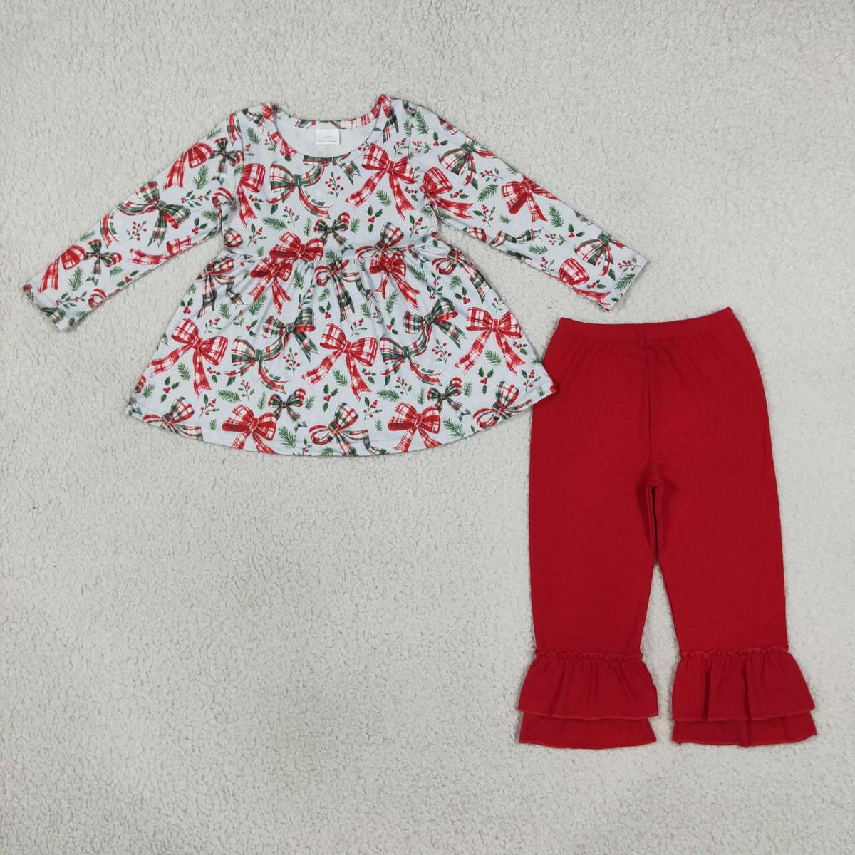 GLP3541 Bows Holly Tunic Top Red Ruffle Pants Girls Christmas Clothes Set