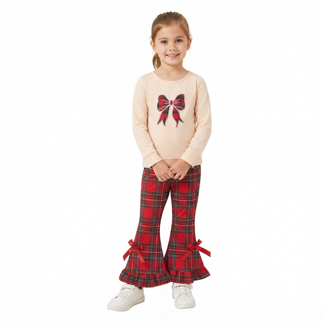 GLP3547 Bow Embroidery Top Red Checkered Bell Pants Girls Christmas Clothes Set