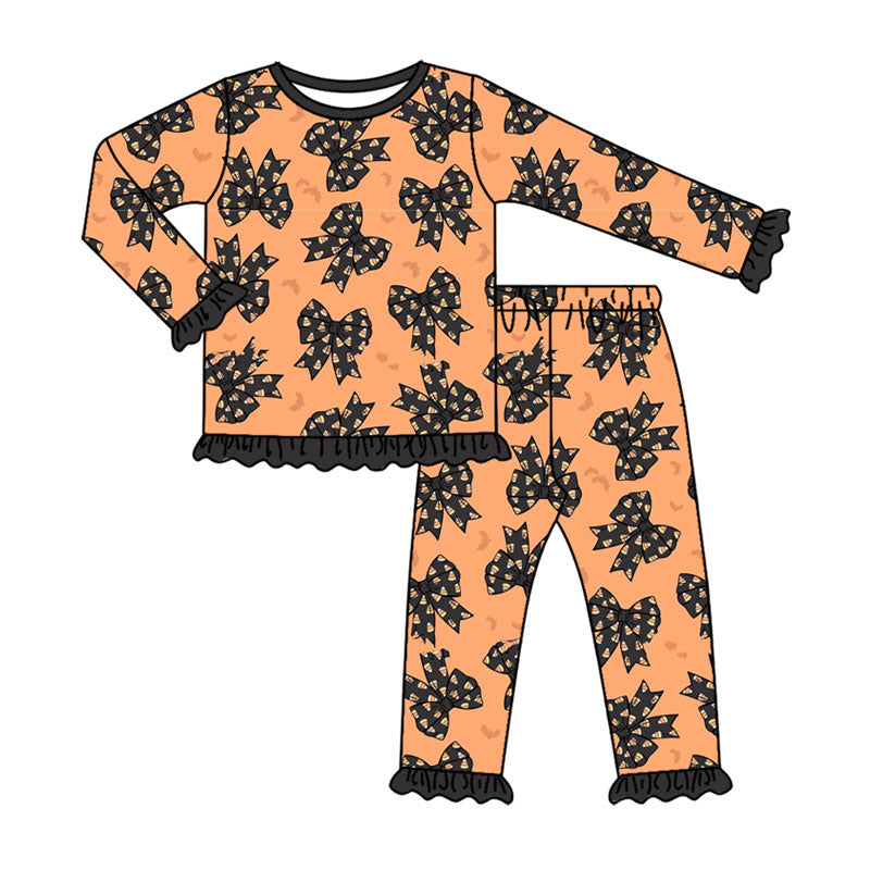 7.28 GLP3549 Preorder Candy Bows Bat Print Long Sleeve Pants Girls Halloween Pajamas Clothes Set