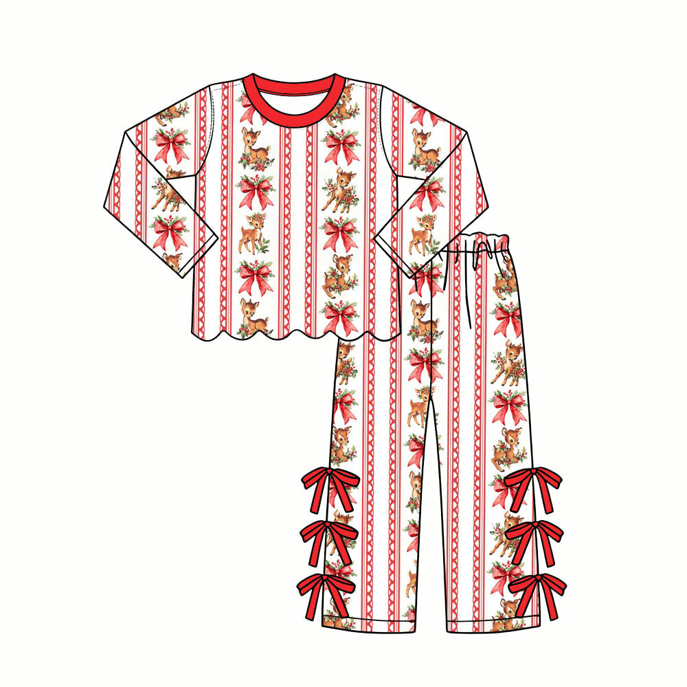 7.29 Preorder Girls Red Bow Baby Deer Stripe Long Sleeve Top Bow Pants Christmas Outfit