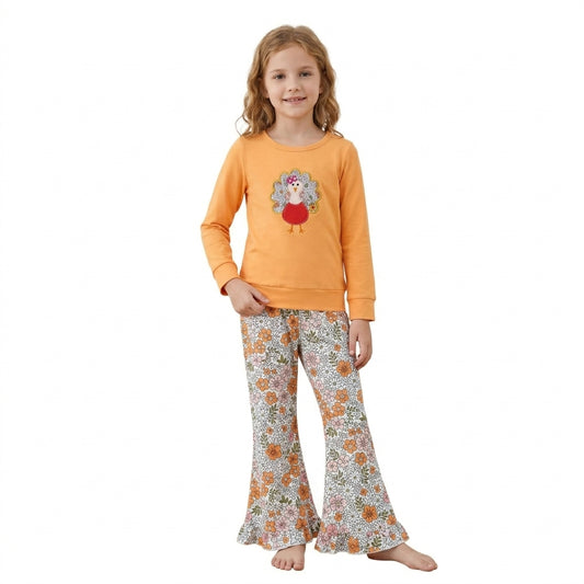 GLP3563 Turkey Embroidery Orange Top Flowers Bell Pants Girls Thanksgiving Clothes Set