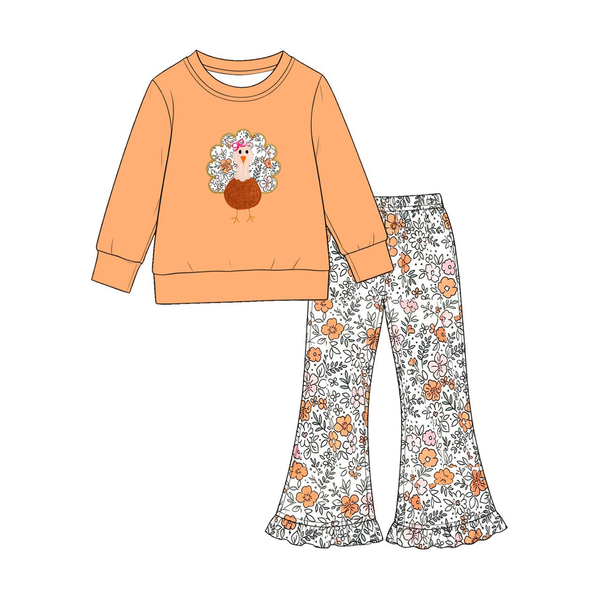 7.29 Preorder Kids Girls Thanksgiving Turkey Top with Floral Flared Pants Outfit