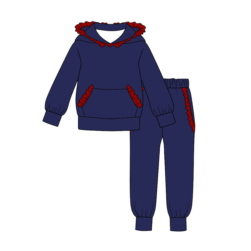 7.29 Preorder Kids Girls Navy Hoodie Top with Red Ruffle +Jogger Outfit