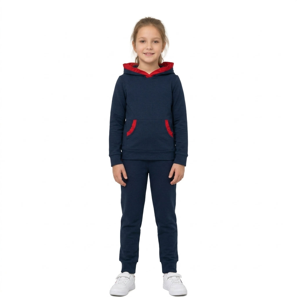 GLP3564 Navy Cotton Red Ruffles Hoodie Top Pockets Joggers Pants Girls Clothes Set