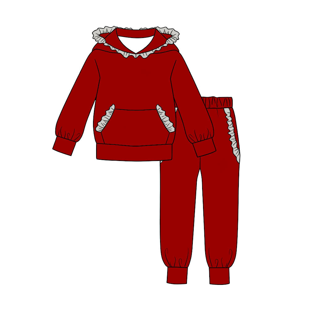 7.29 Preorder Kids Girls Red Hoodie Top Grey Red Ruffle +Jogger Outfit