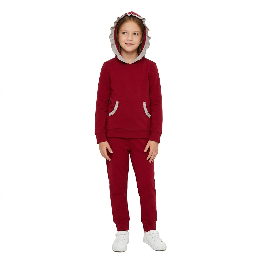 GLP3565 Red Cotton Grey Ruffles Hoodie Top Pockets Joggers Pants Girls Clothes Set