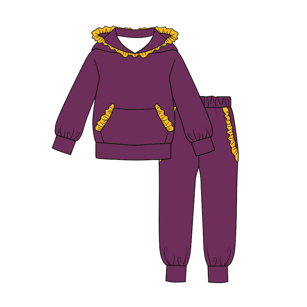 7.29 Preorder Kids Girls Purple Hoodie Top with Grey Red Ruffle +Jogger Outfit
