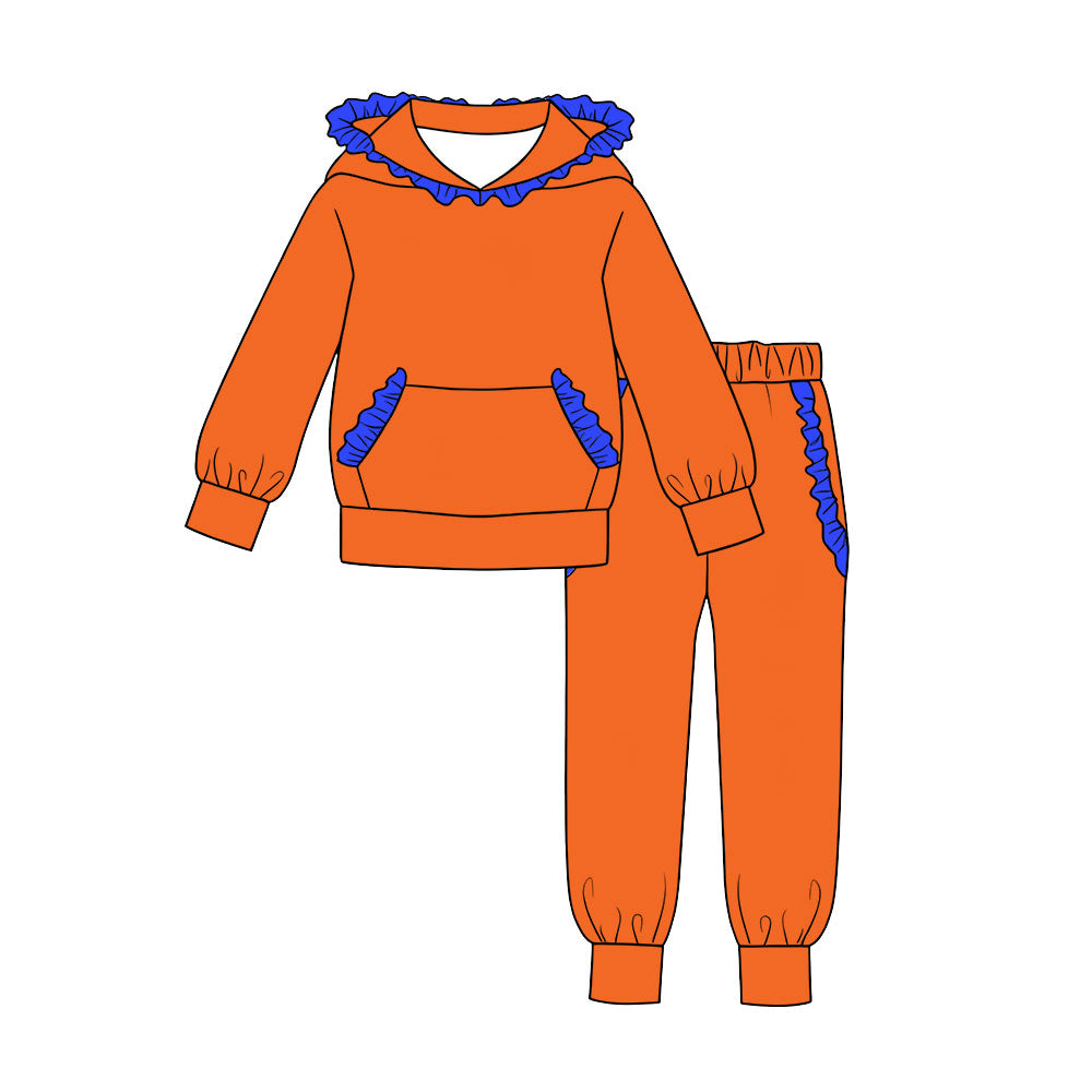 7.29 Preorder Kids Girls Orange Hoodie Top with Blue Ruffle +Jogger Outfit