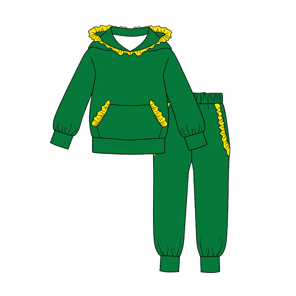 7.29 Preorder Kids Girls Green Hoodie Top with Yellow Ruffle +Jogger Outfit