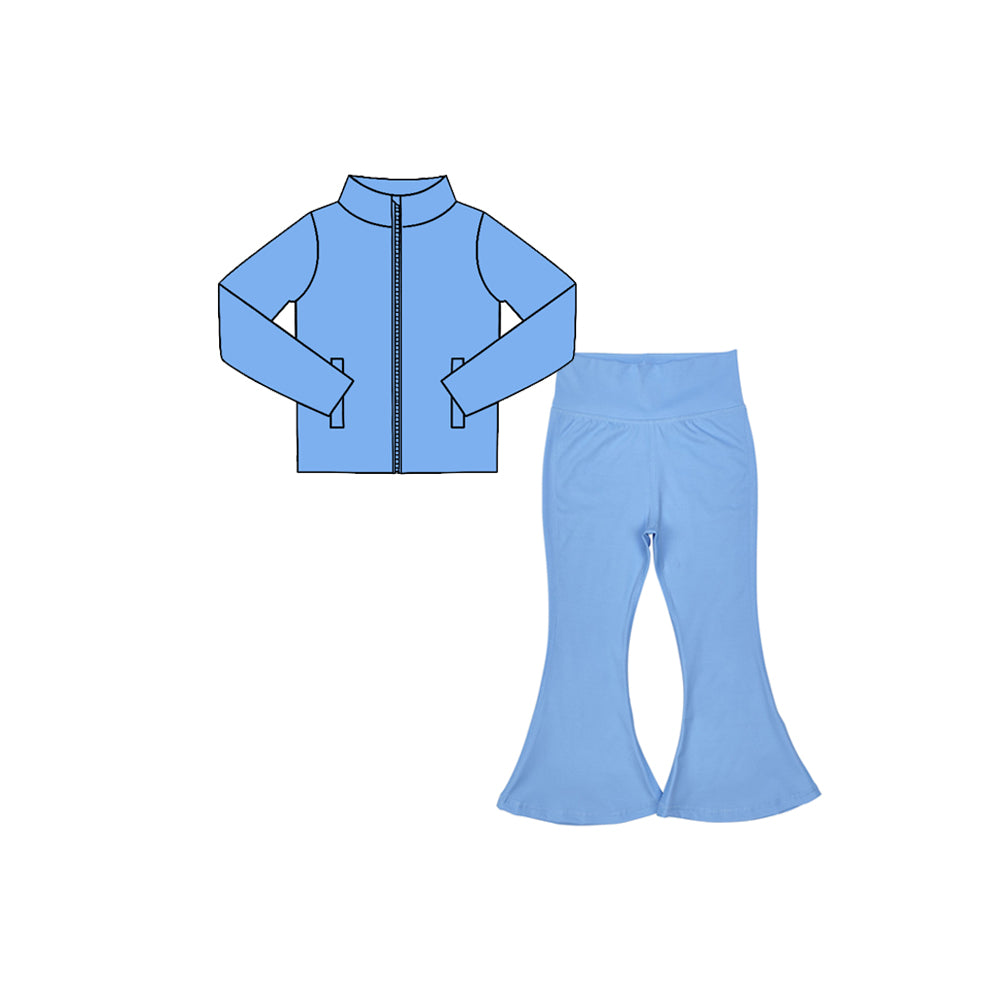 7.29 Preorder Kids Girls Blue Solid Color Pullover Top with Bell Bottom Pants Active Outfit