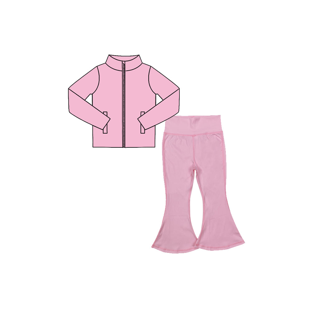 7.29 Preorder Kids Girls Pink Solid Color Pullover Top with Bell Bottom Pants Active Outfit