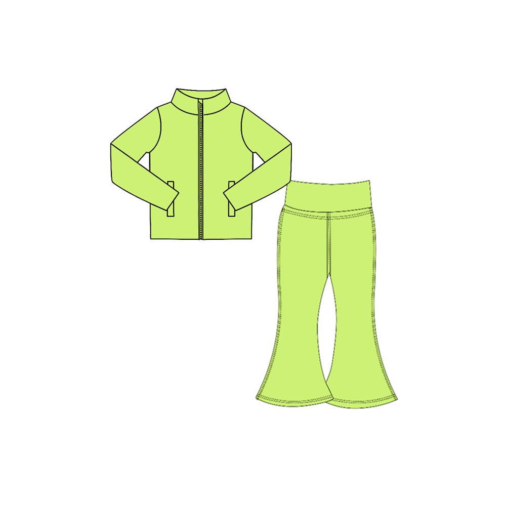 7.29 Preorder Kids Girls Green Solid Color Pullover Top with Bell Bottom Pants Active Outfit