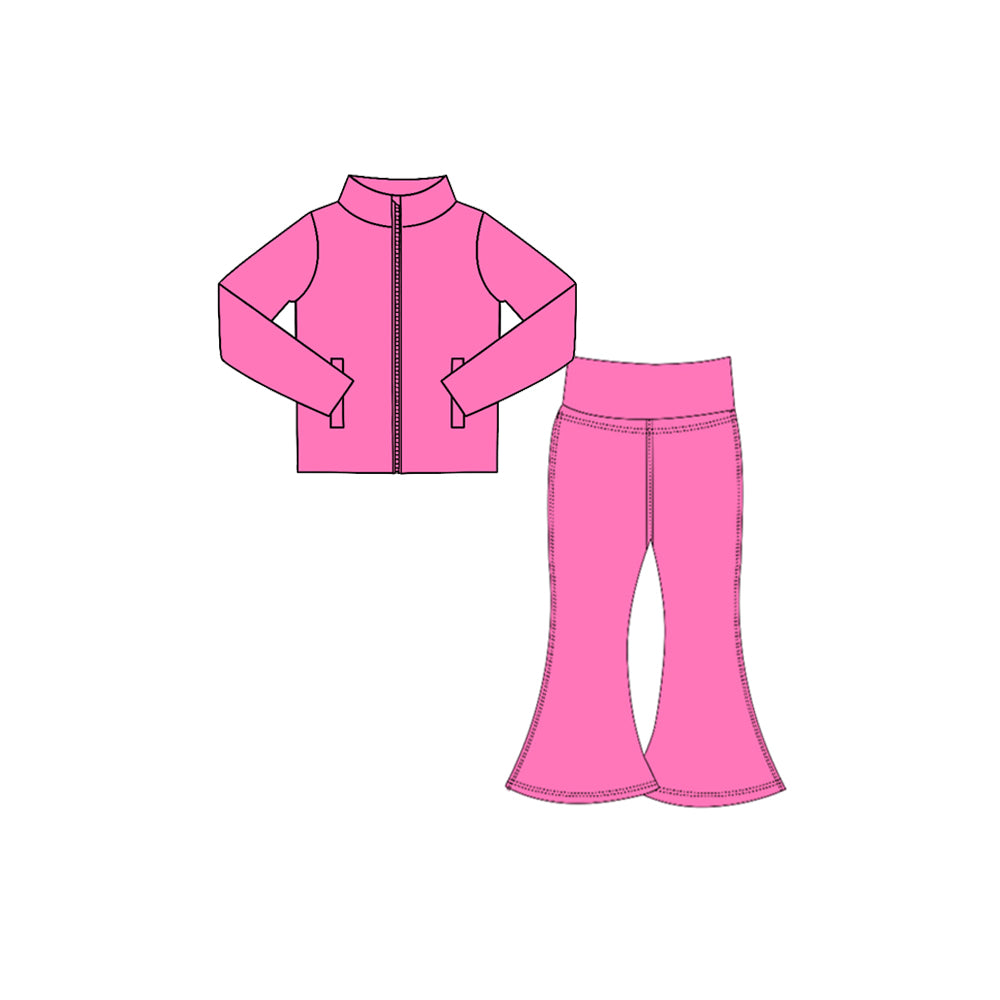 7.29 Preorder Kids Girls Hot Pink Solid Color Pullover Top with Bell Bottom Pants Active Outfit