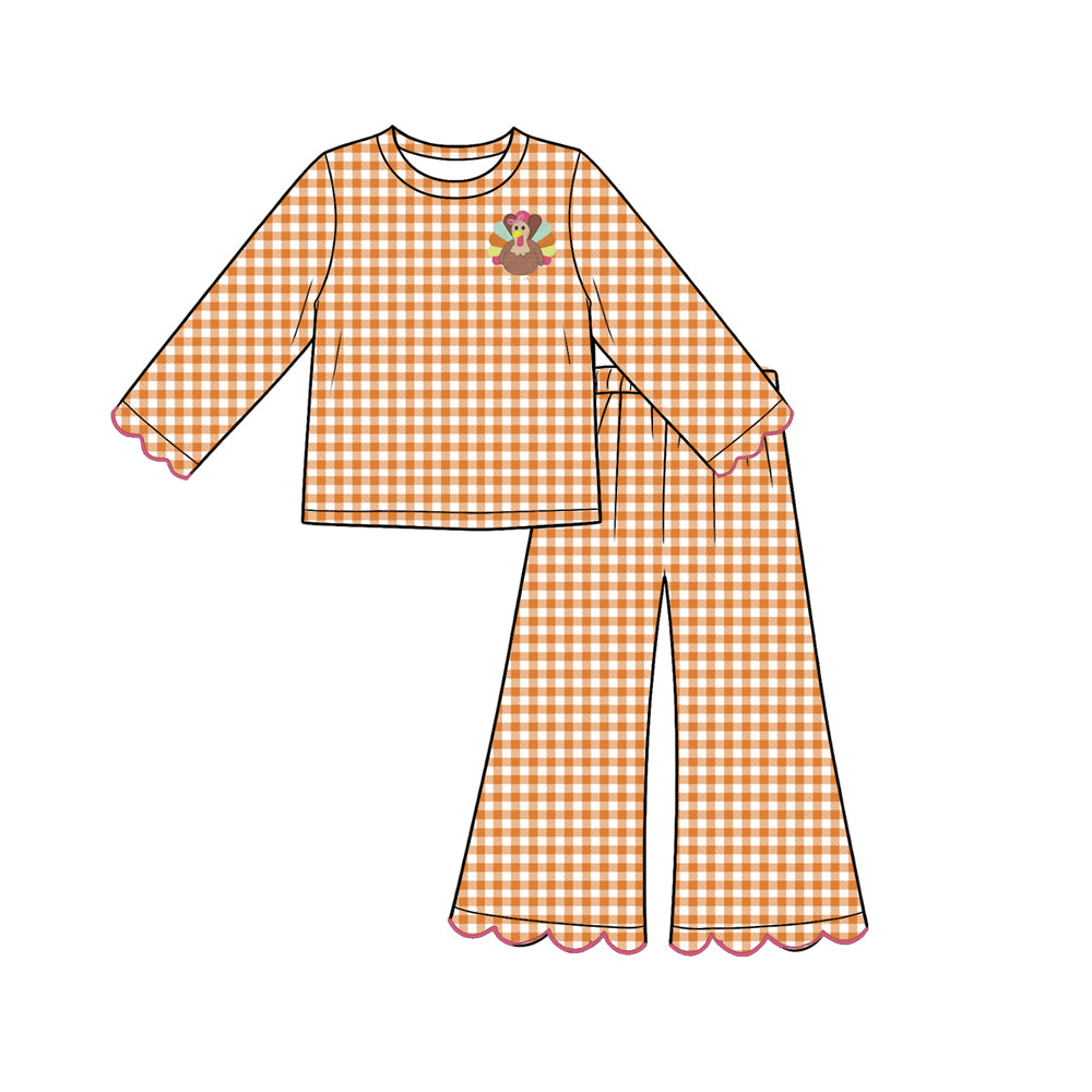 7.31 Preorder Kds Girls Turkey Orange Gingham Scalloped Pants Outfit