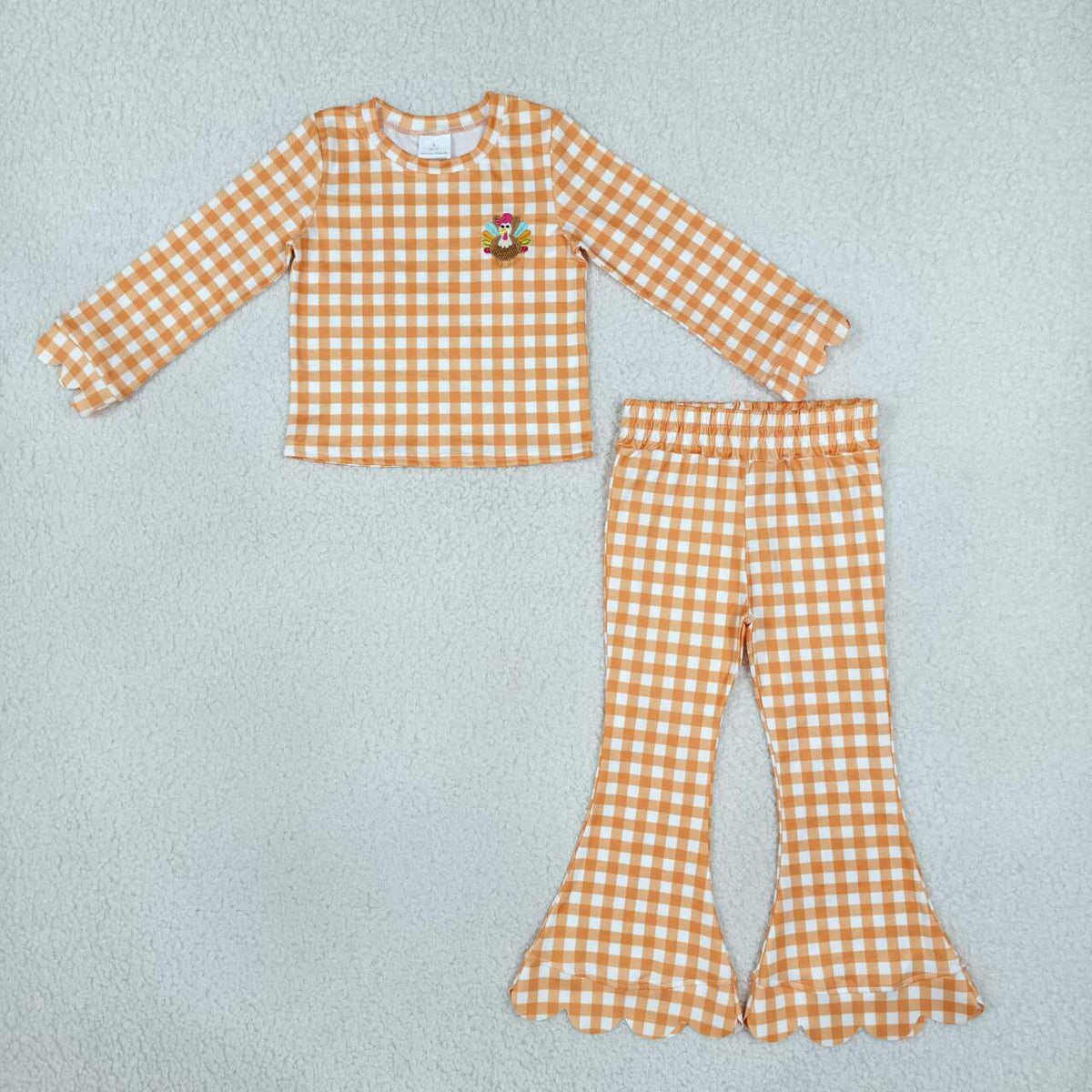 GLP3588 Turkey Embroidery Orange Checkered Print Girls Thanksgiving Scallop Clothes Set