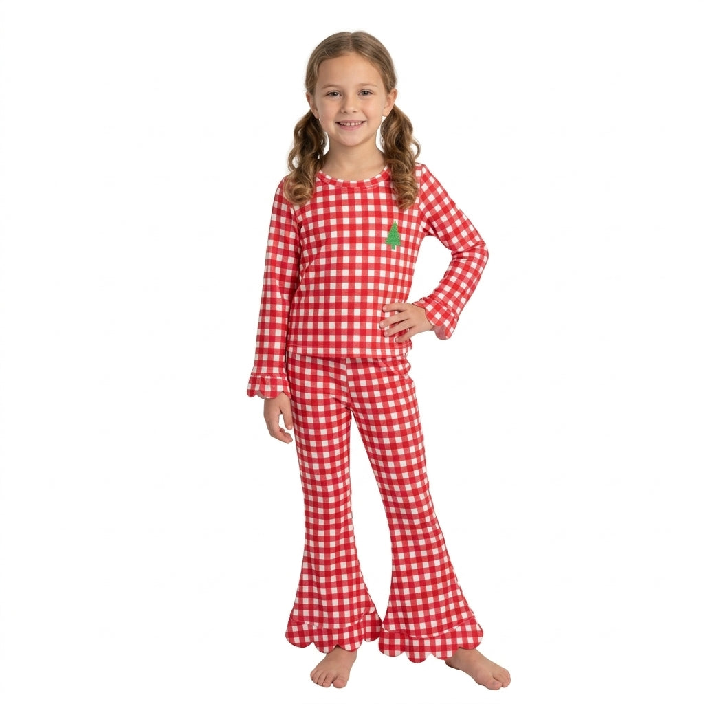 GLP3590 Tree Embroidery Red Gingham Top Flare Pants Girls Christmas Scalloped Outfit