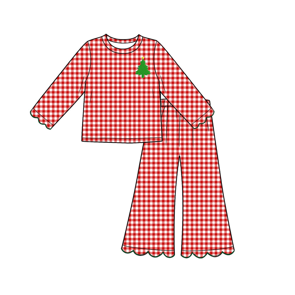 7.31 Preorder Kds Girls Christmas Tree Red Gingham Scalloped Pants Outfit