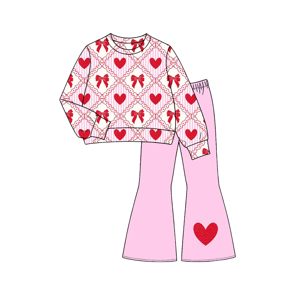 8.1 Preorder Kids Girls Valentine's Day Red Bow Long Sleeve Top with Pink Bell Bottom Pants Set