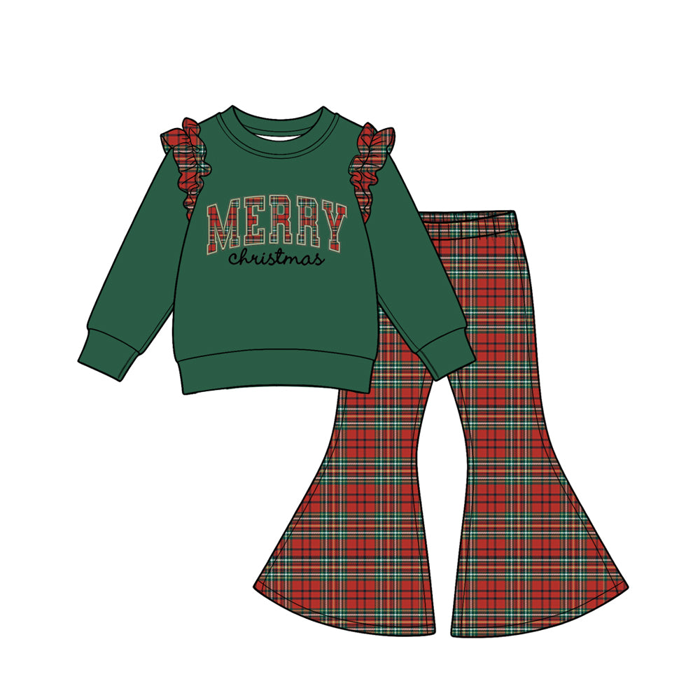 8.1 Preorder Kids Girls Merry Christmas Green Top with Plaid Bell Bottom Pants Outfit