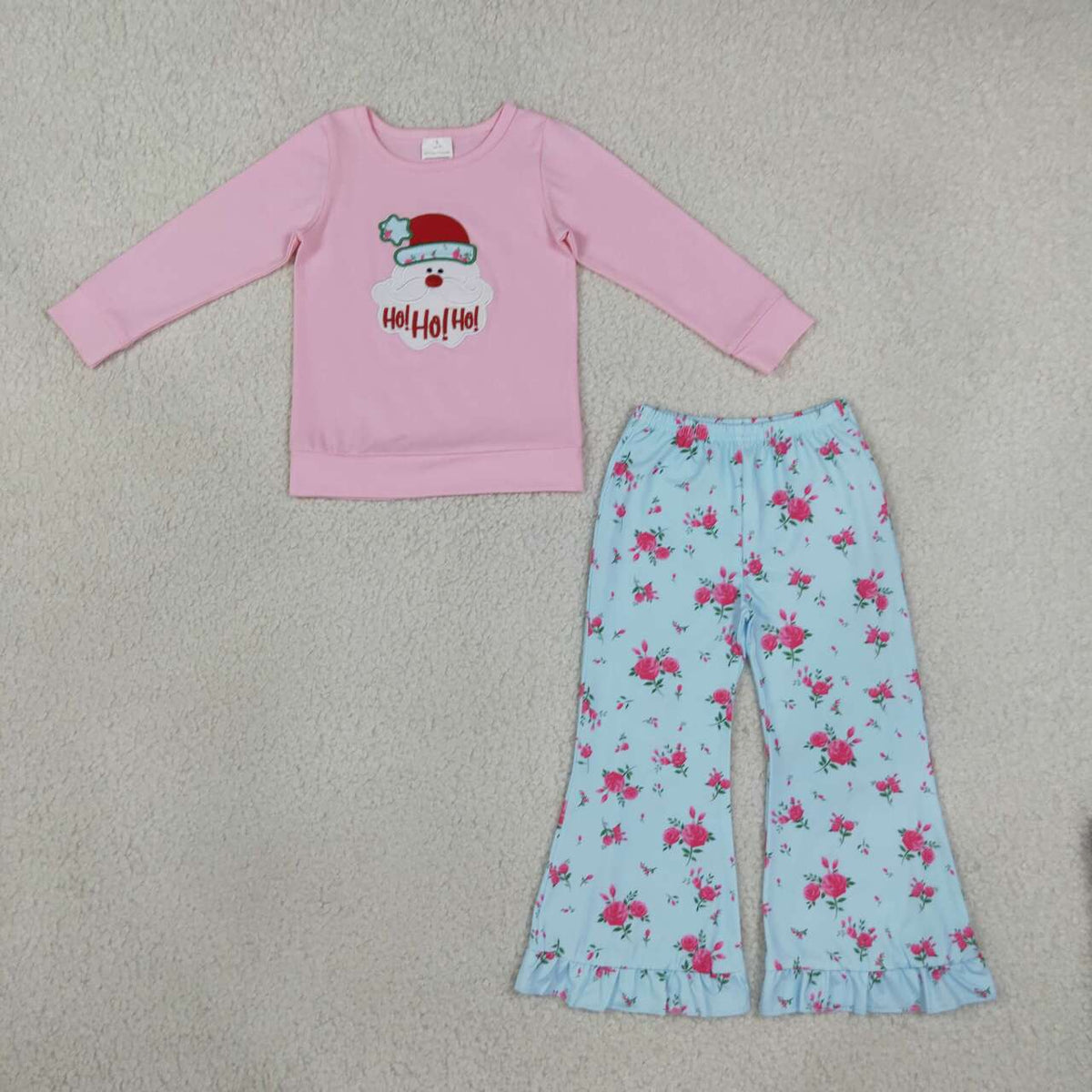 GLP3596 HOHOHO Santa Embroidery Pink Top Flowers Bell Pants Girls Christmas Clothes Set