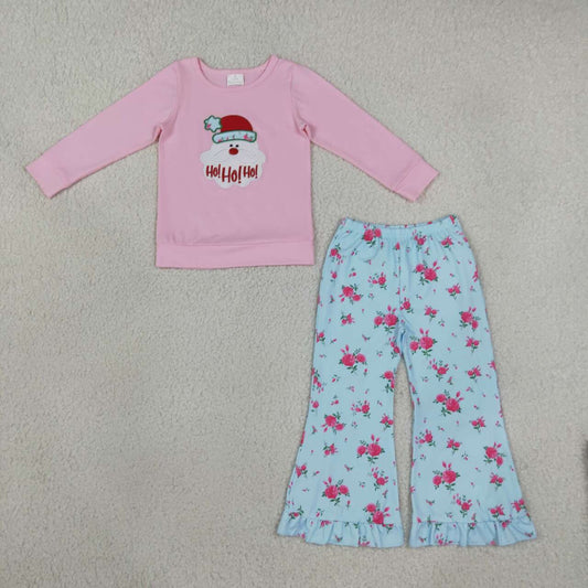 GLP3596 HOHOHO Santa Embroidery Pink Top Flowers Bell Pants Girls Christmas Clothes Set