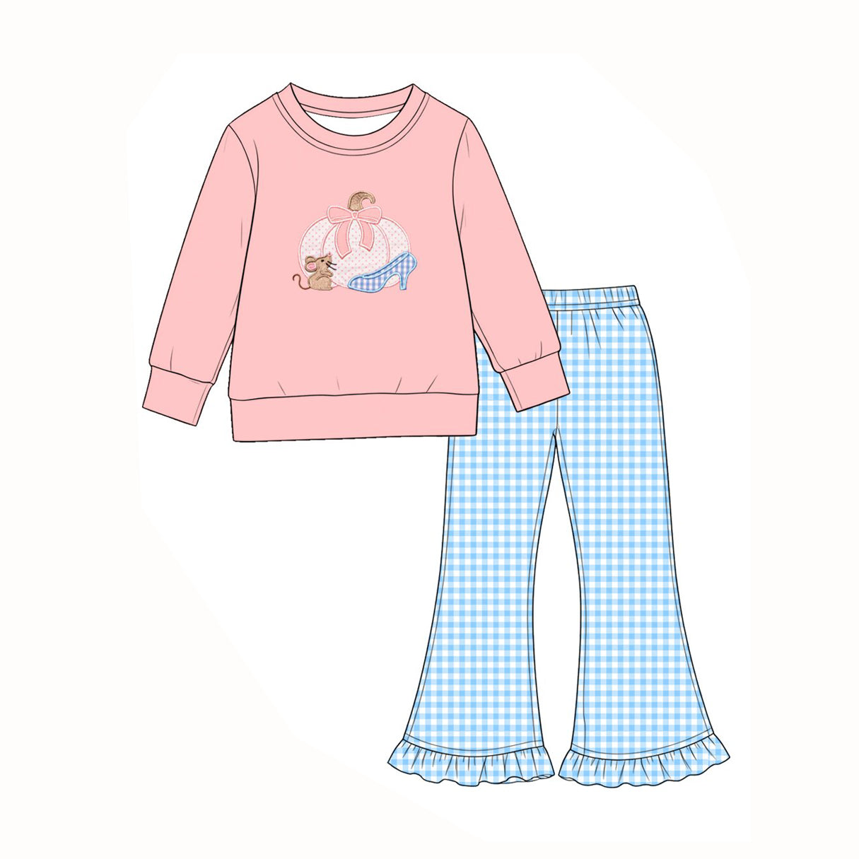 8.1 Preorder Kids Girls Pumpkin Mouse Sweatshirt with gingham pants outfit